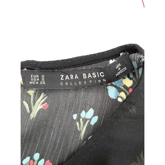 ZARA BASIC Women’s Floral Print Semi Sheer Blouse Top Ruffled Sleeve Blk - Picture 3 of 10